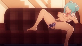 Мультяшная красотка с голубыми волосами мастурбирует пальчиками и вибратором